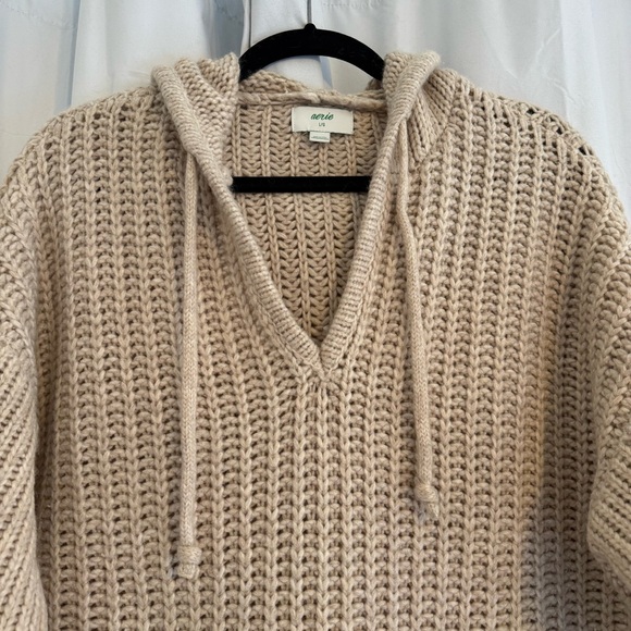 Aerie Marshmallow Moves Chunky Knit Hoodie Cream Large - Picture 4 of 8